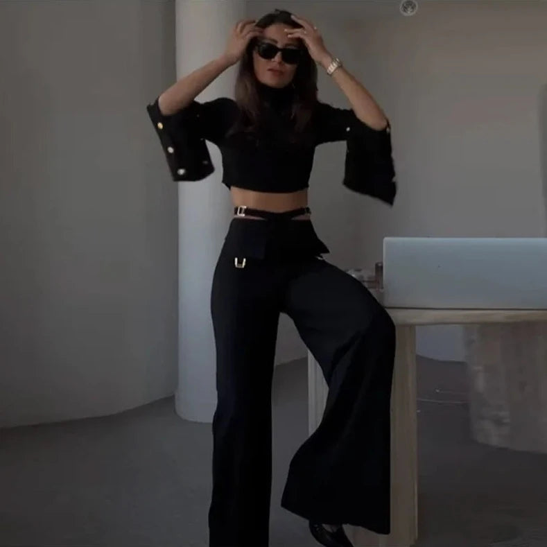 Button Long Sleeve Crop & X-Wide Leg Pant Sets