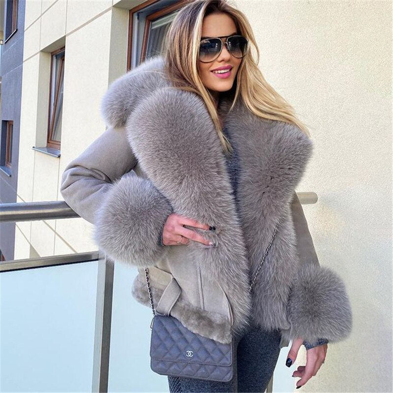 Genuine Leather Coats Real Fur Collar And Cuff