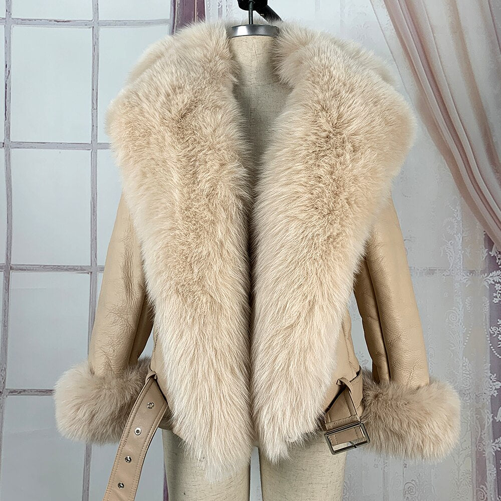 Genuine Leather Coats Real Fur Collar And Cuff