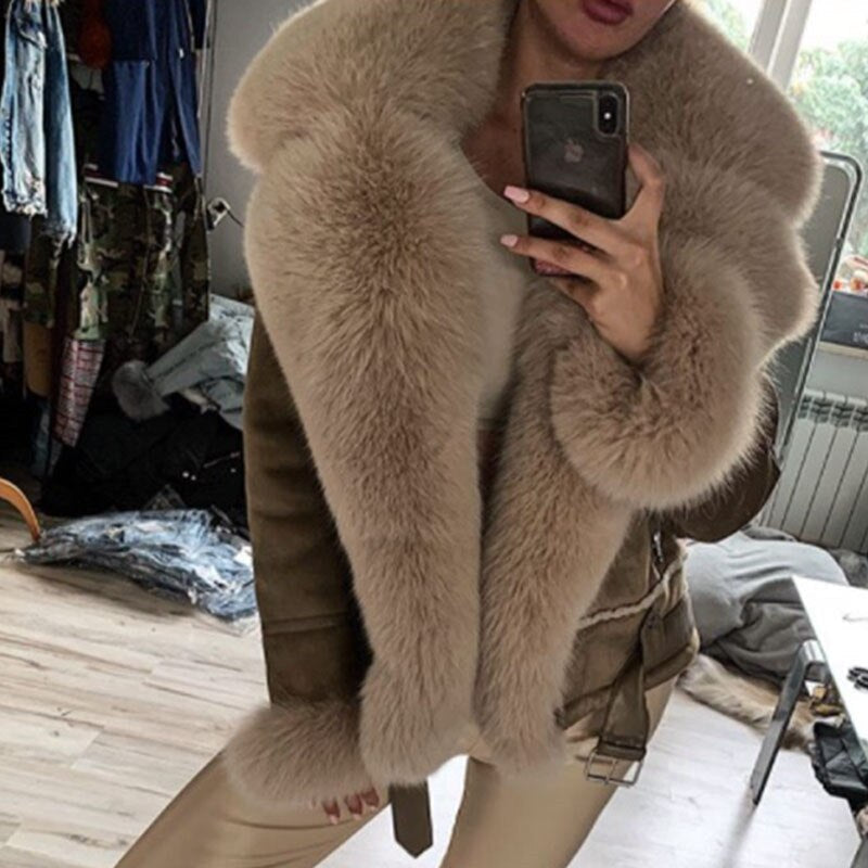 Genuine Leather Coats Real Fur Collar And Cuff