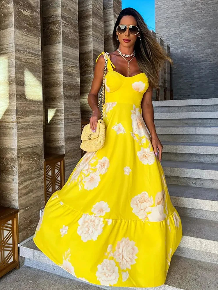 Floral Print Sleeveless Flare Long Dresses