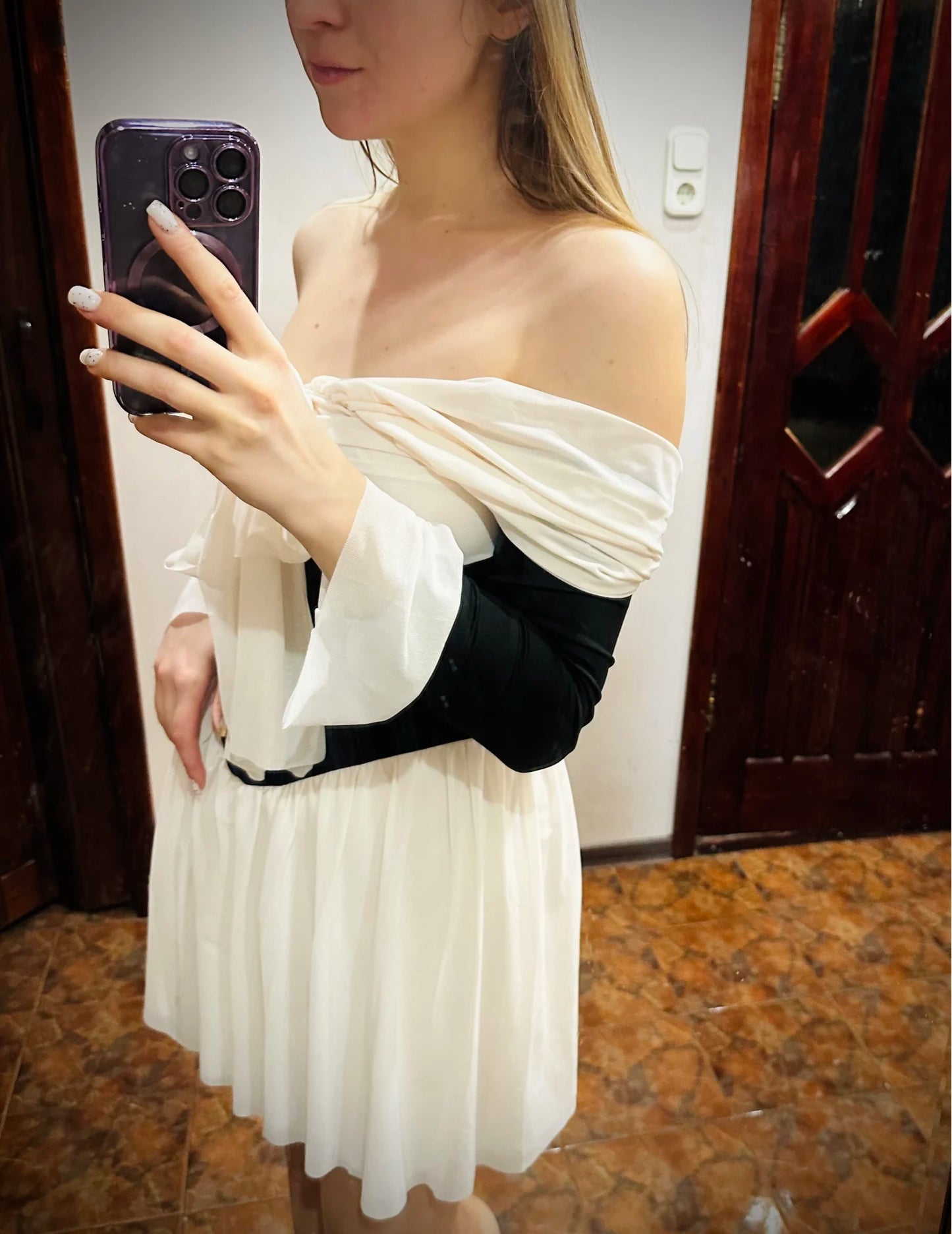 Off-shoulder Flare Long Sleeve Pleated Mini Dress