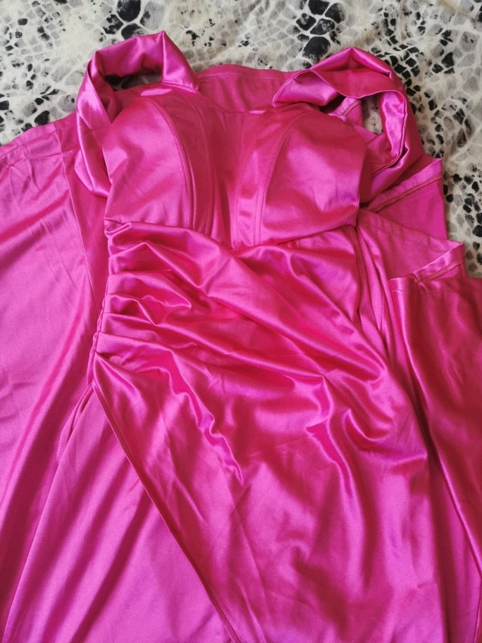 Satin Off The Shoulder Pleated Mid Split Dresses