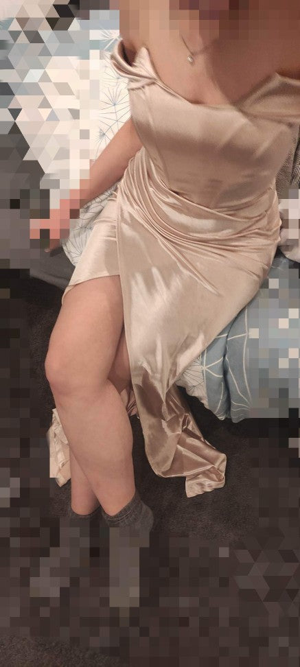 Satin Off The Shoulder Pleated Mid Split Dresses