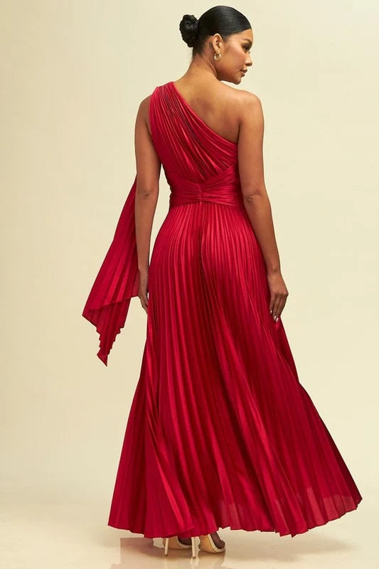 One Long Sleeve Pleated Backless Maxi Dresses