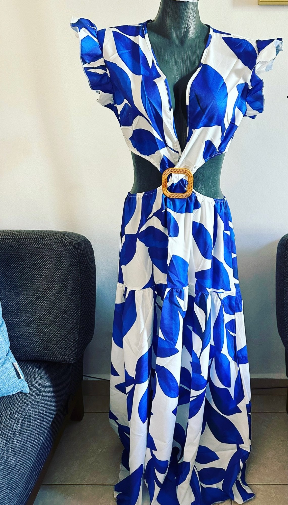 Leaf Print Hollow Butterfly Sleeve Maxi Dress