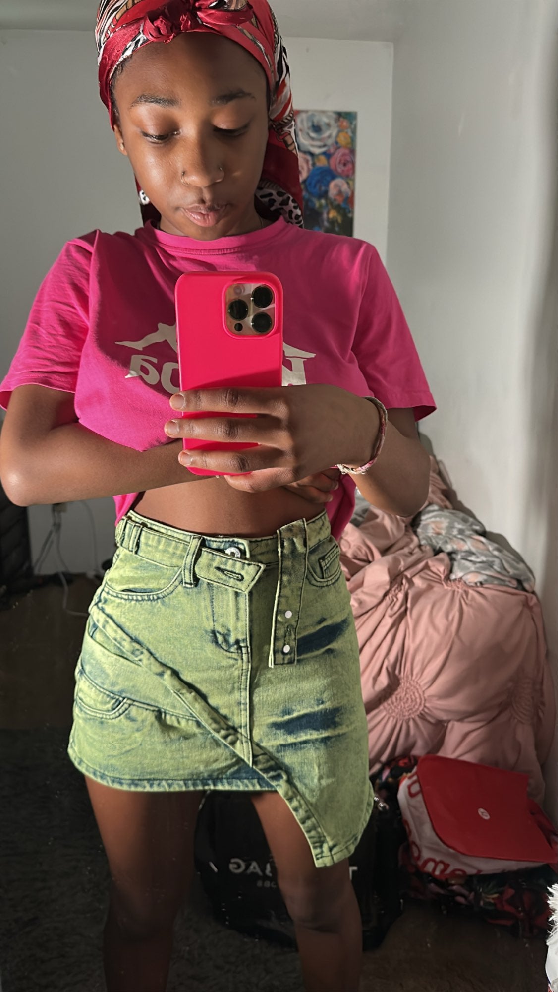 Green Tie Dye Denim Mini Skirts