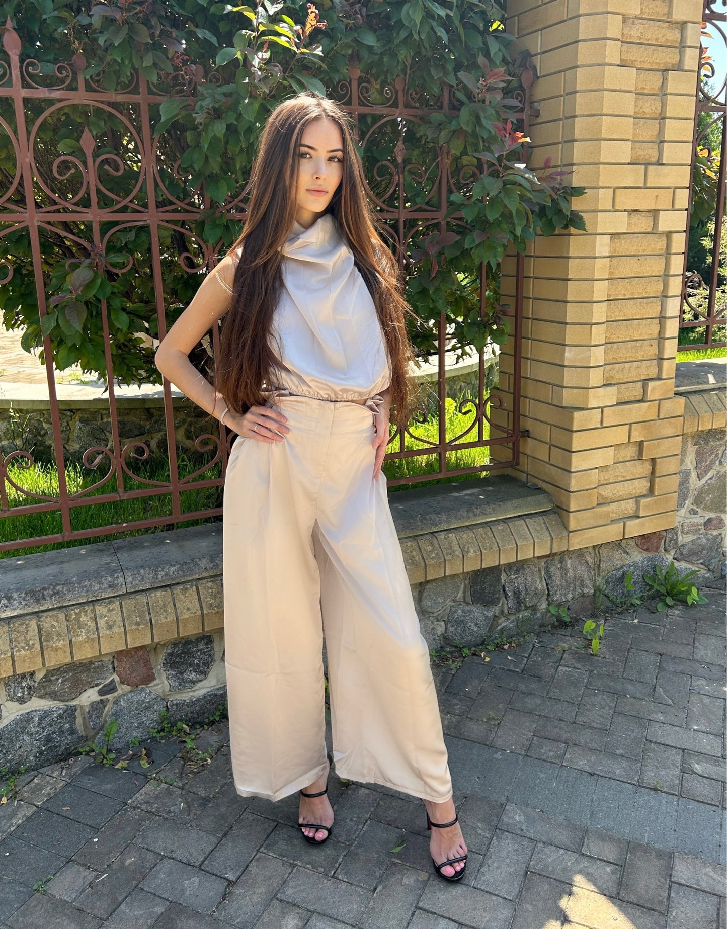 Silk Pleated Sleeveless Top & Wide Leg Pants Summer Sets