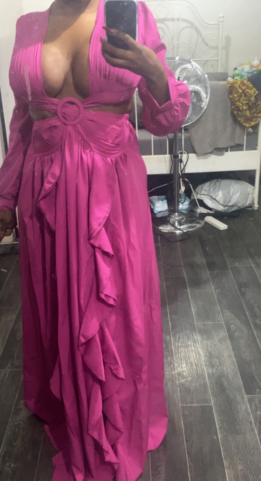 Hollow Pleated Ruffled Long Sleeve Maxi Dresses