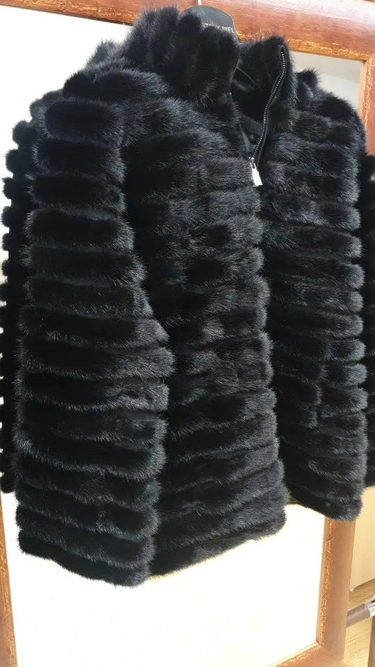 Knitted Natural Real Fur Mink Coats Hooded