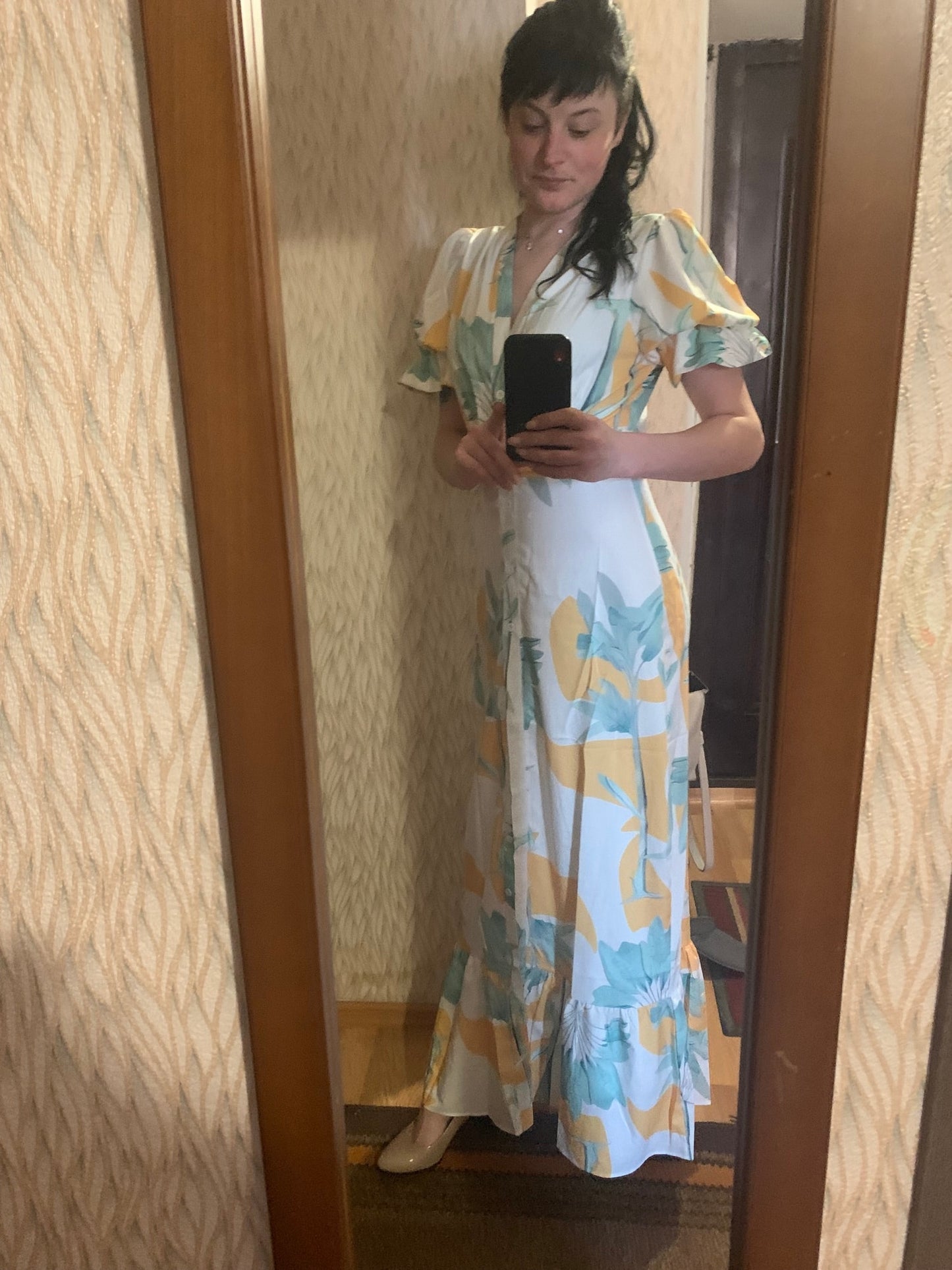 Print Short Puff Sleeve Maxi Dress