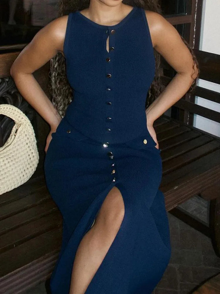 Knitted Sleeveless Button Up Long Dresses