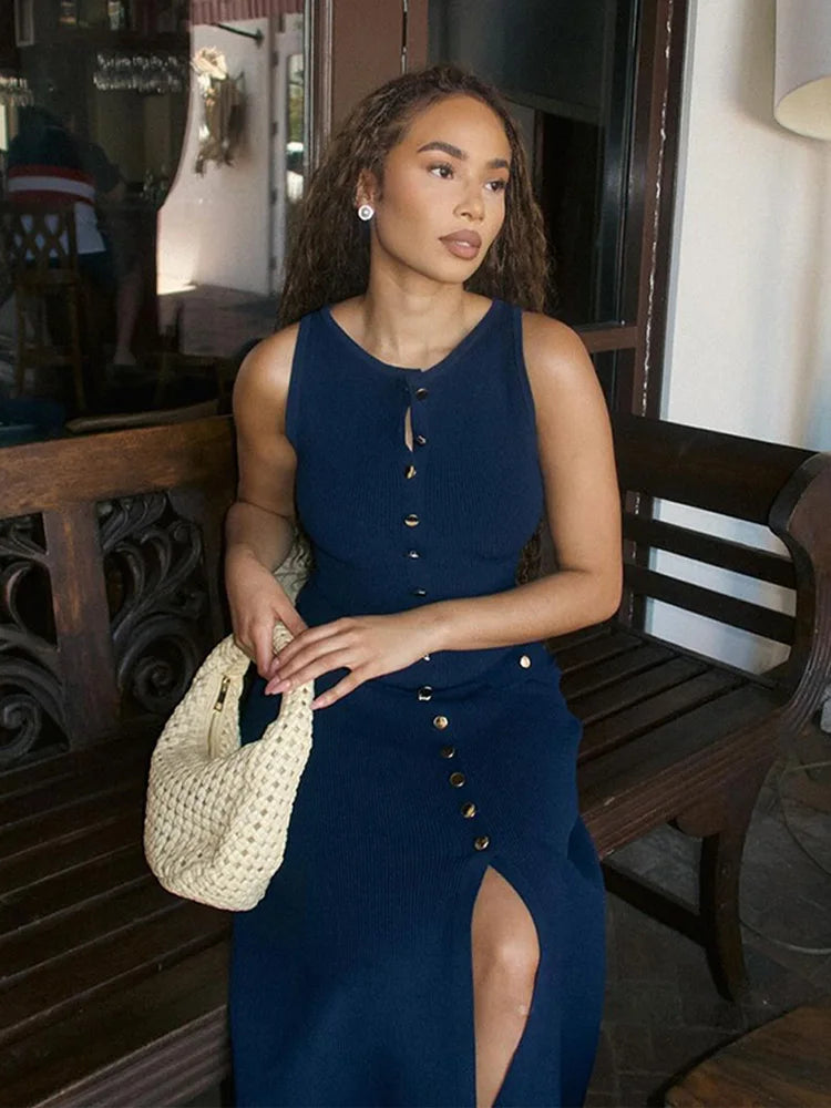 Knitted Sleeveless Button Up Long Dresses