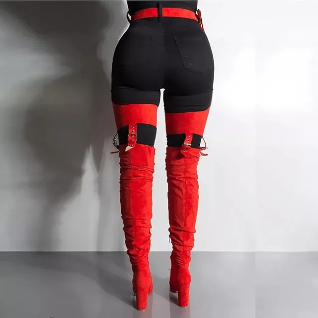 WAIST BELT MID-THIGH HIGH HEEL BOOTS (MULTI-COLORS)