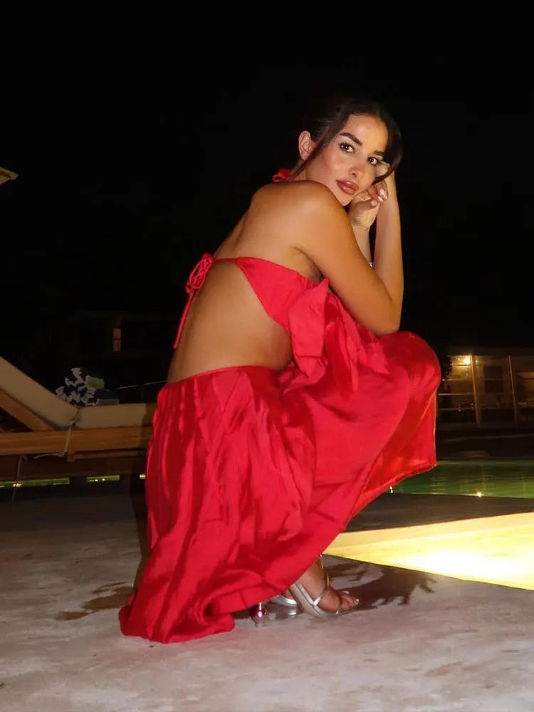 Red Tassels Bust Hollow Backless Long Dress