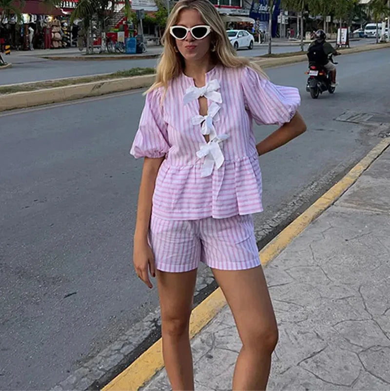 Stripe Puff Short Sleeve Blouse & Shorts Sets