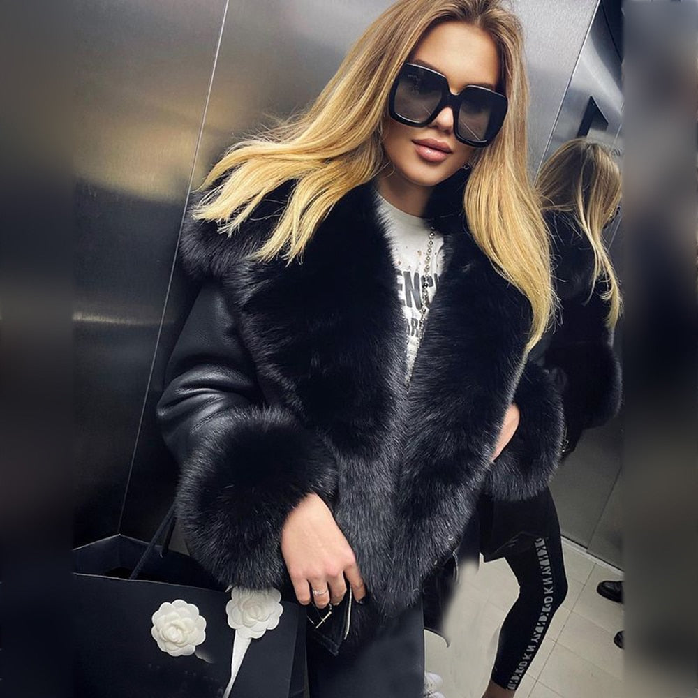 Genuine Leather Coats Real Fur Collar And Cuff