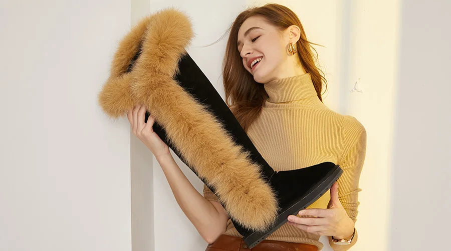 Genuine Leather Natural Side Fur Long Boots