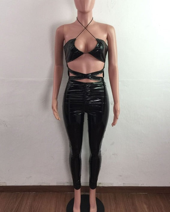 Pu Leather Hollow Cross Jumpsuits
