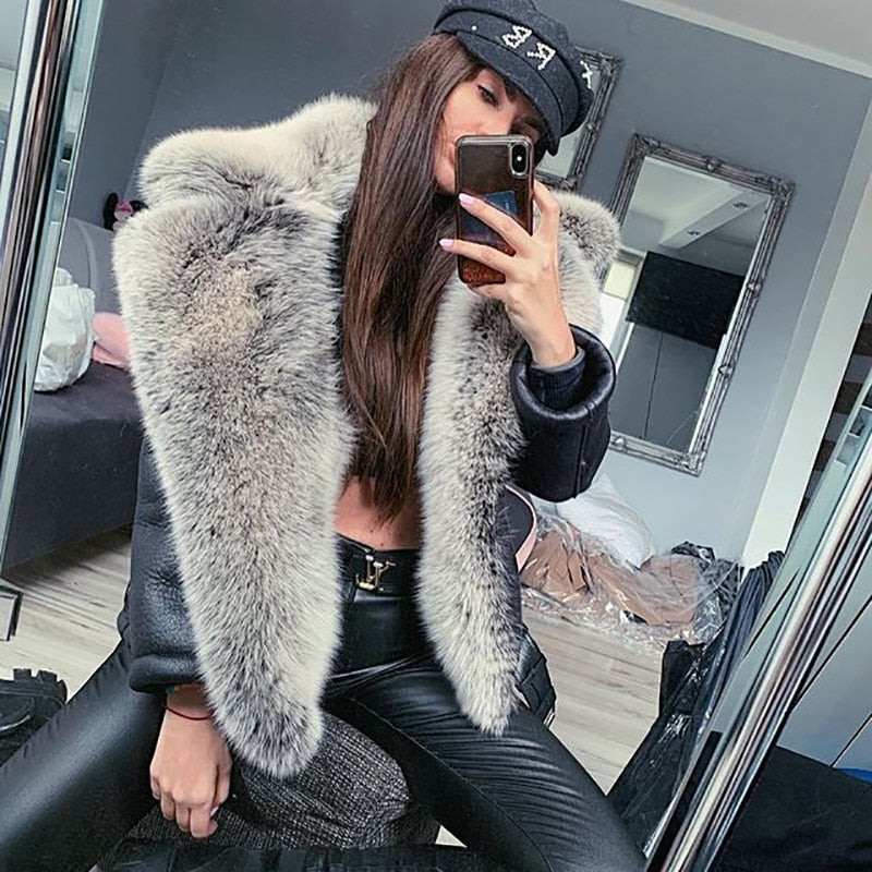 Genuine Leather Coats Real Fur Collar And Cuff