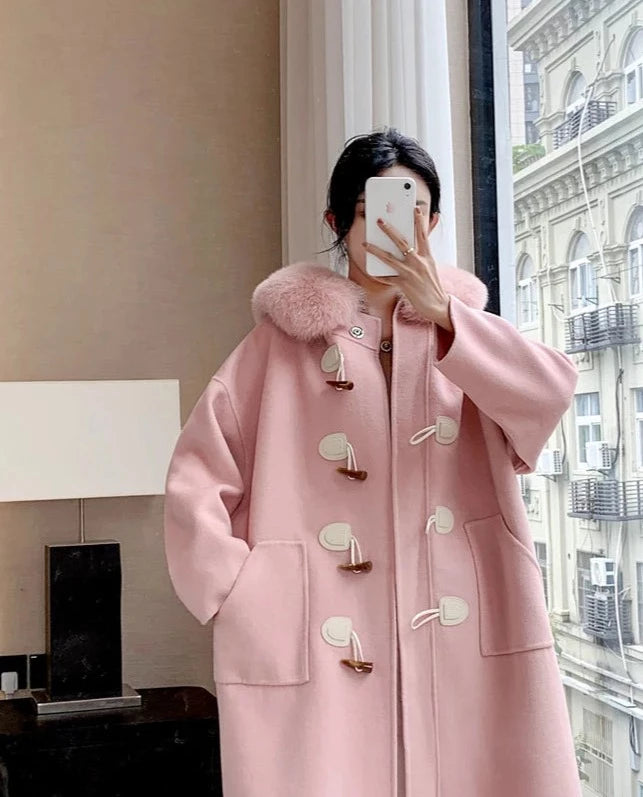 Cashmere Horn Button Hooded Real Fox Fur Coats