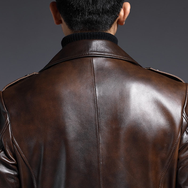 Genuine Leather Coat Long Single Breasted