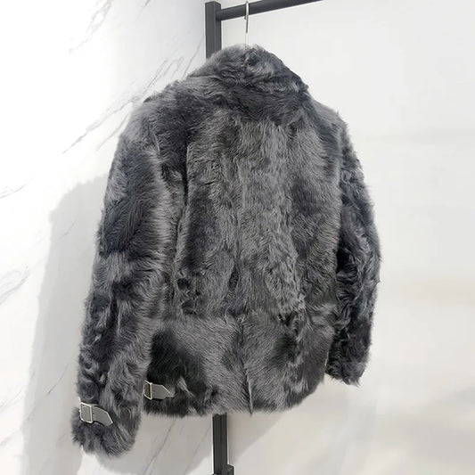 Real Long Wool Fur Moto Jacket