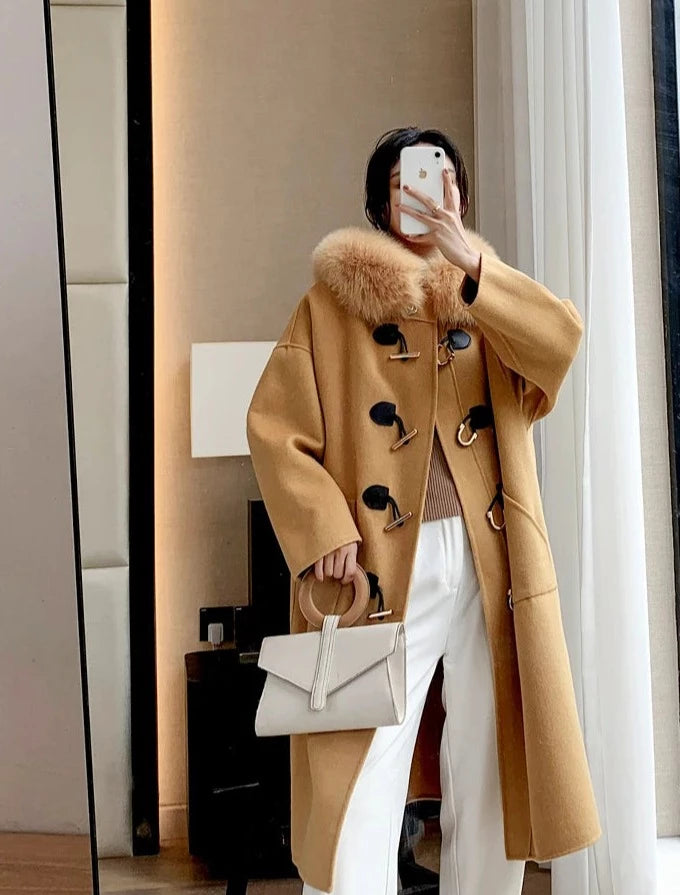 Cashmere Horn Button Hooded Real Fox Fur Coats