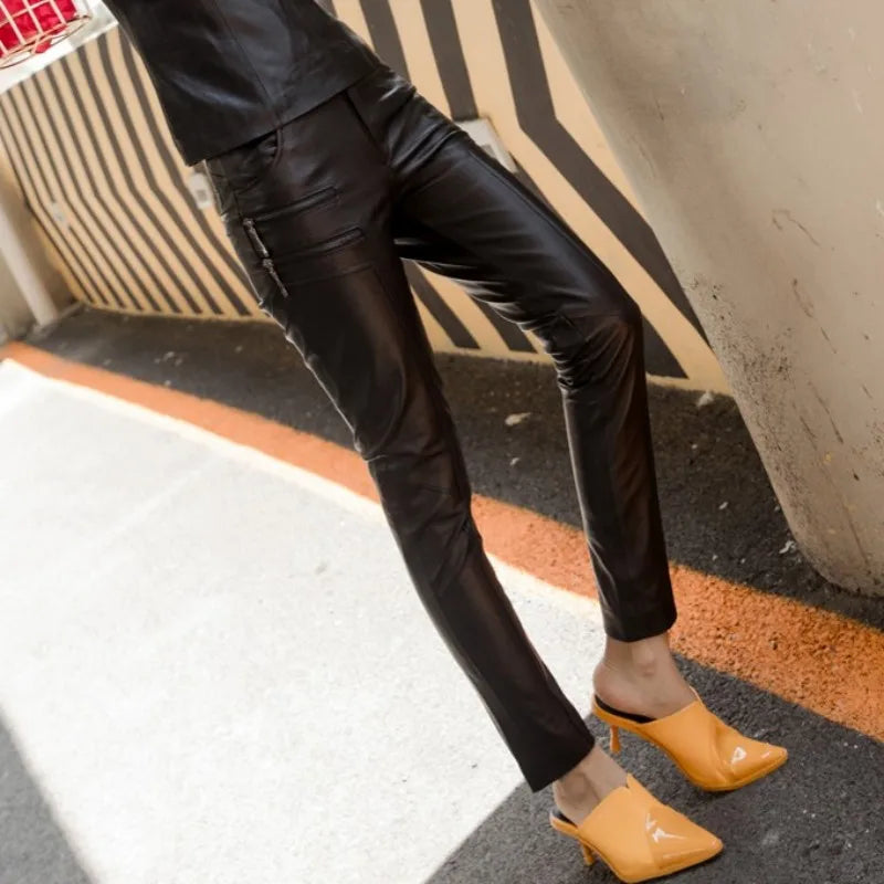 Genuine Leather Pants Slim Fit Spring