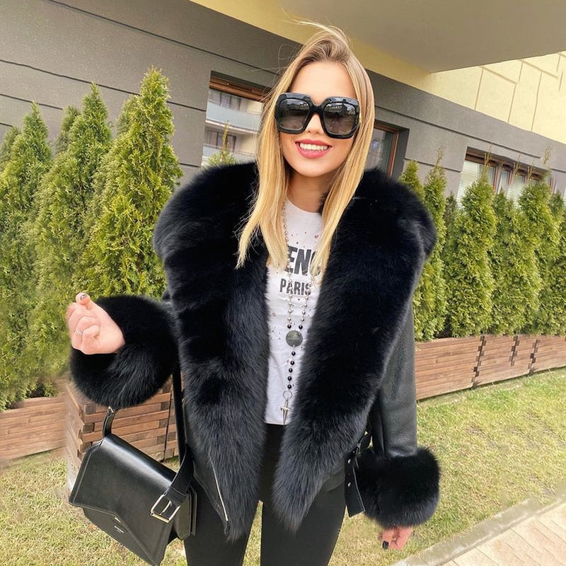 Genuine Leather Coats Real Fur Collar And Cuff
