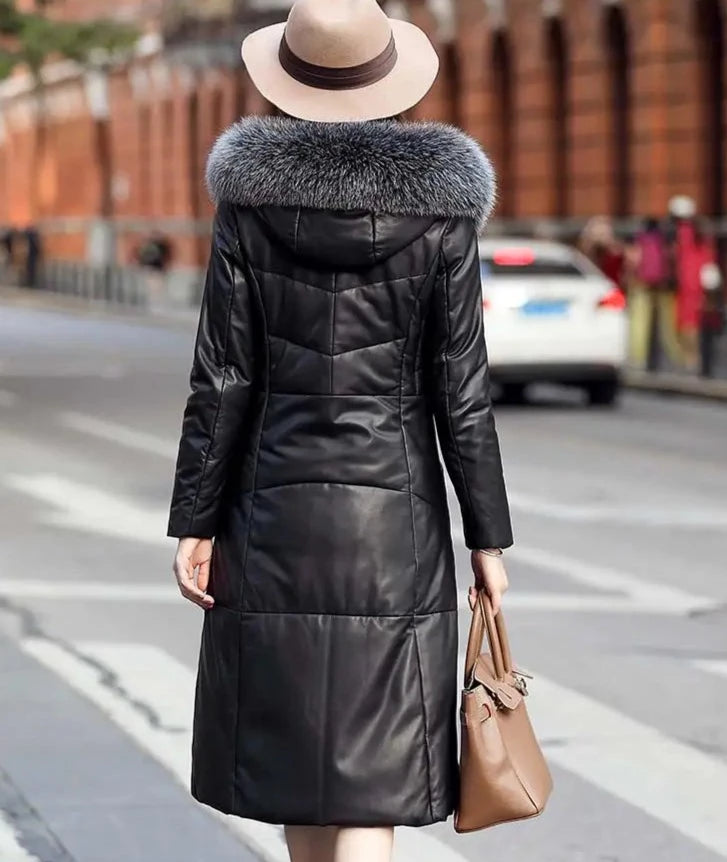 Genuine Leather Duck Down Coat Real Fur Hood