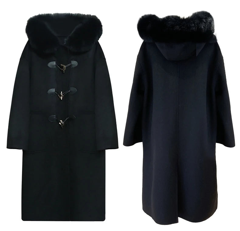 Cashmere Horn Button Hooded Real Fox Fur Coats