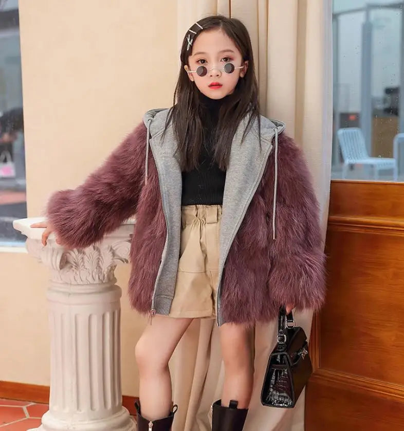 Kids Reversible Hooded Real Fur Coats
