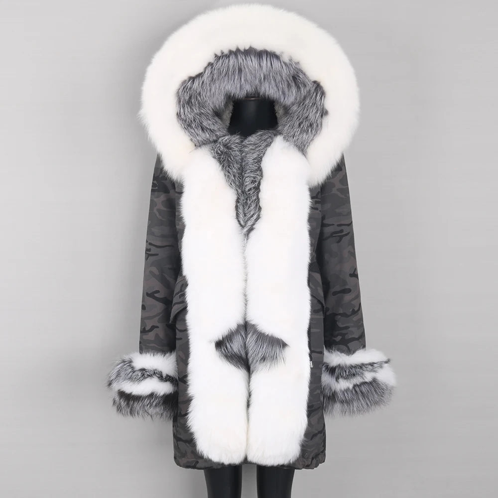 Real Rabbit Lining Fox Fur Collar Cuffs Parka Coats