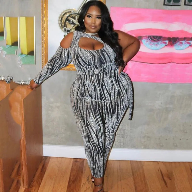 One Shoulder Long Sleeve Jumpsuits Plus Size
