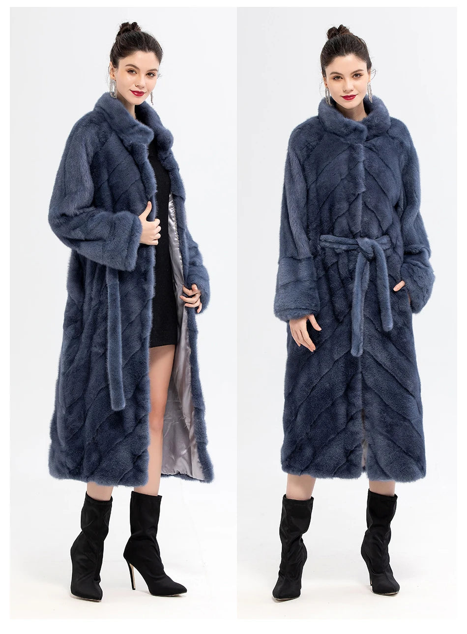 Stand Collar Full Pelt Real Mink Fur Coats Long