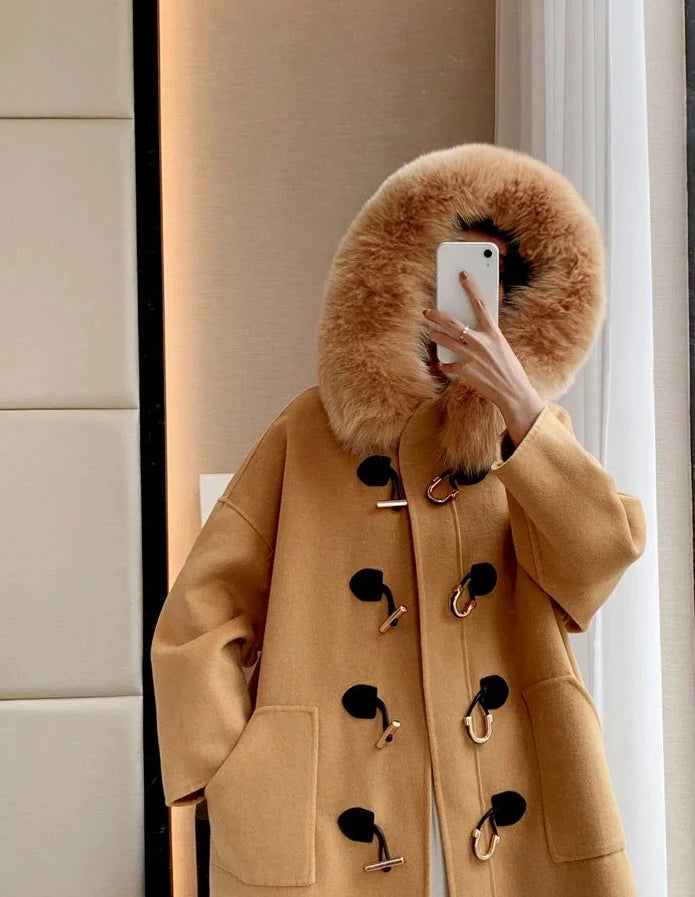 Cashmere Horn Button Hooded Real Fox Fur Coats
