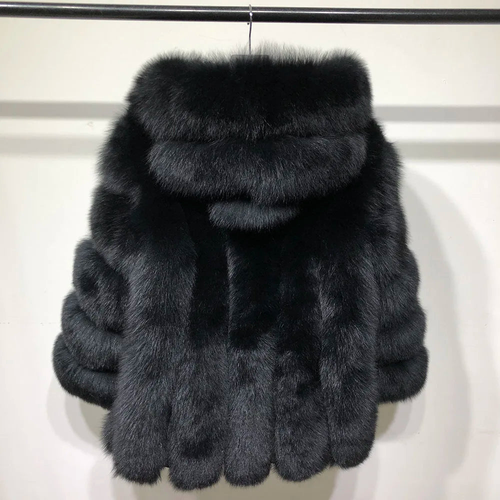 Hooded Real Fox Fur Coats Mid Length