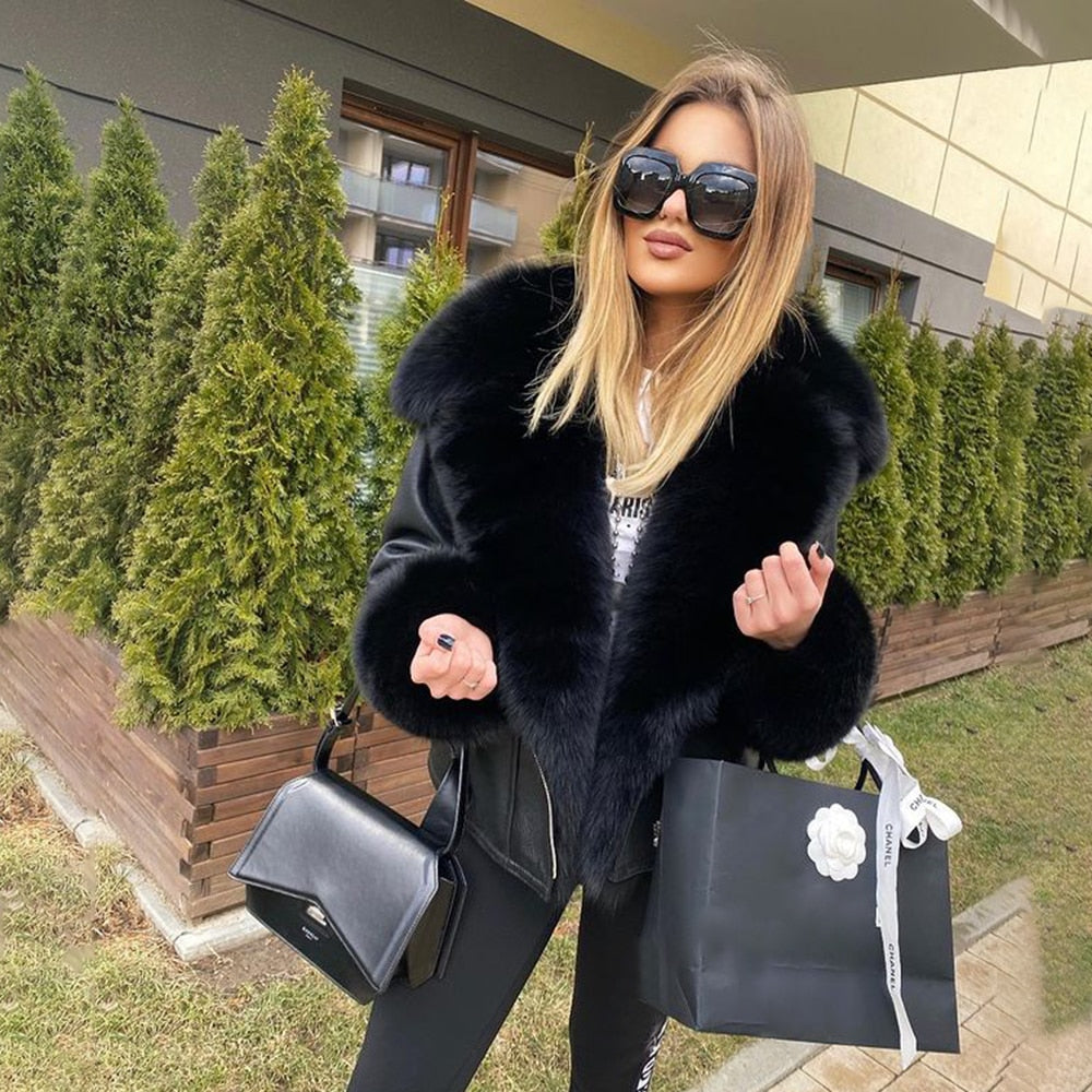 Genuine Leather Coats Real Fur Collar And Cuff