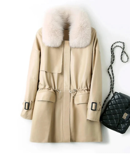 Genuine Leather Down Jacket Fox Fur Collar