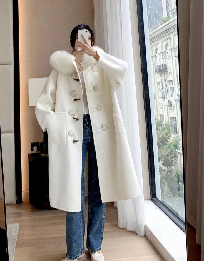 Cashmere Horn Button Hooded Real Fox Fur Coats
