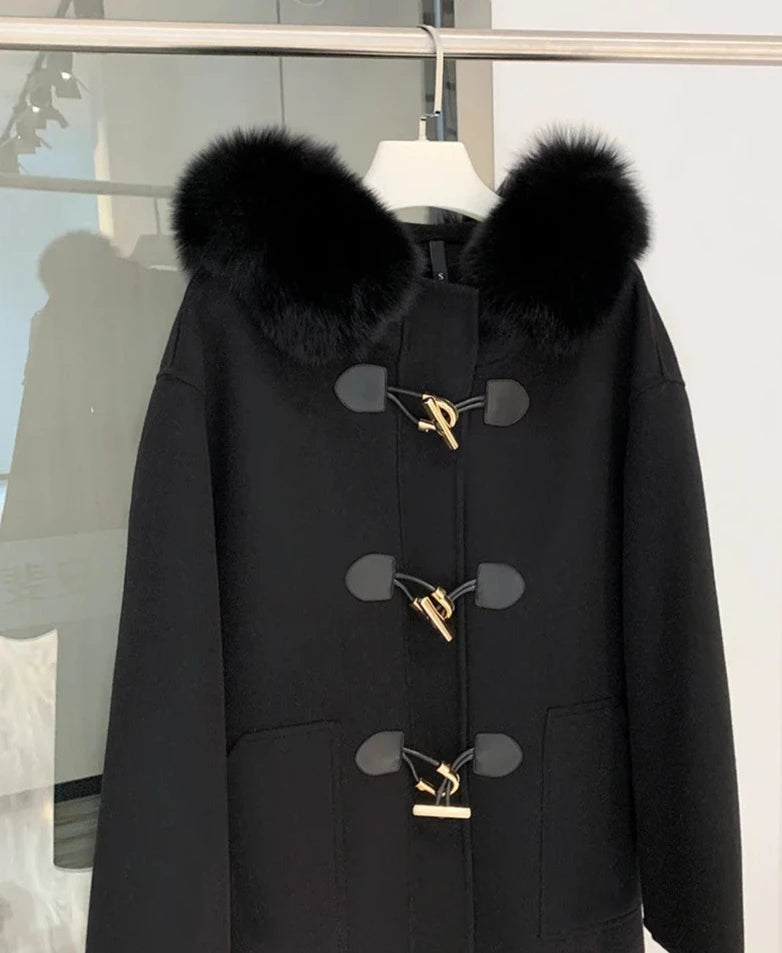 Cashmere Horn Button Hooded Real Fox Fur Coats