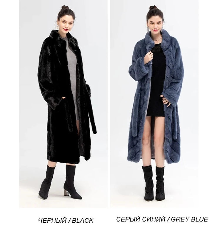 Stand Collar Full Pelt Real Mink Fur Coats Long