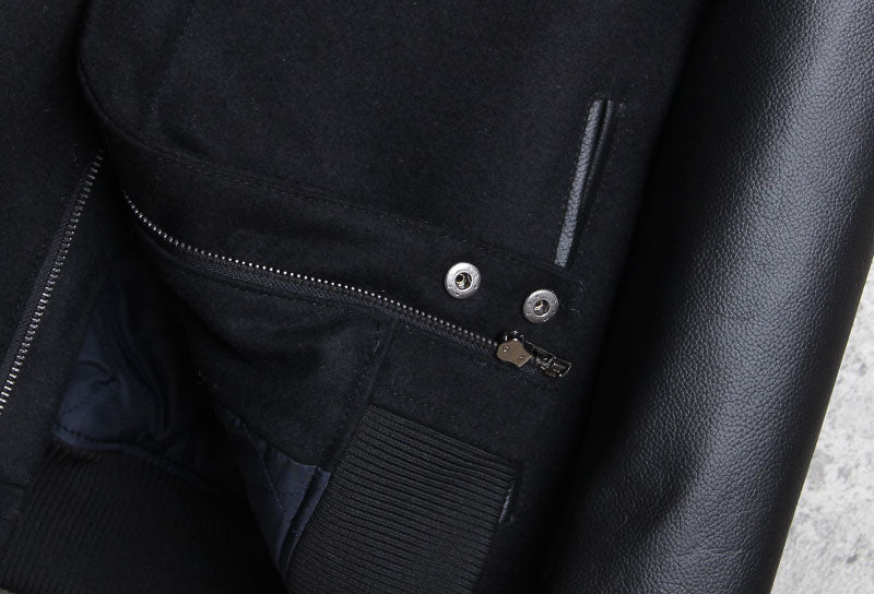 Genuine Leather Woolen Jacket Stand Collar