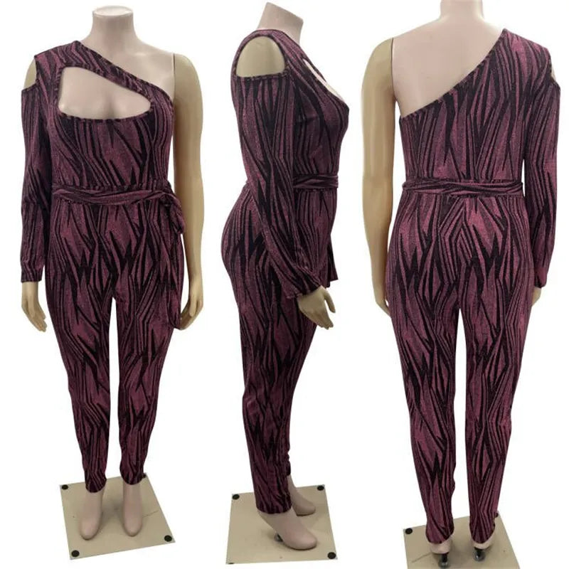 One Shoulder Long Sleeve Jumpsuits Plus Size