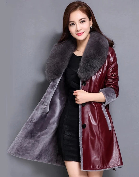 Genuine Leather Coat Real Fur Shearling Fox Fur Collar