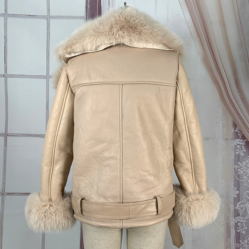 Genuine Leather Coats Real Fur Collar And Cuff