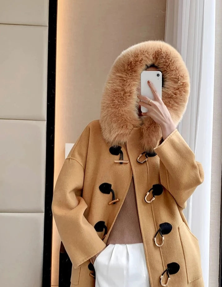 Cashmere Horn Button Hooded Real Fox Fur Coats