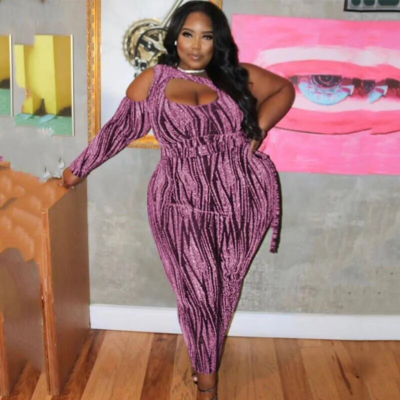 One Shoulder Long Sleeve Jumpsuits Plus Size