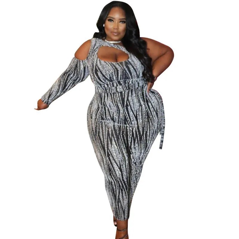 One Shoulder Long Sleeve Jumpsuits Plus Size